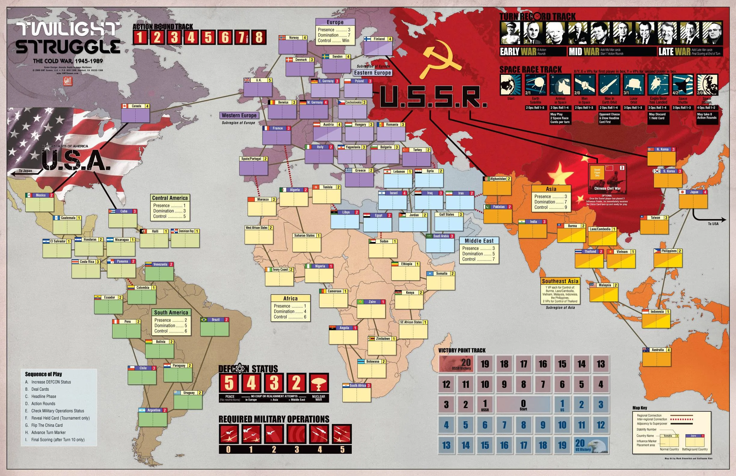 An image of the board game 'Twilight Struggle,' featuring a Cold War World map with various tiles representing the state of play of countries and global affairs.
