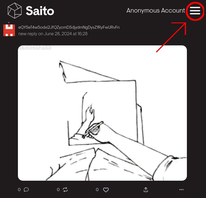 Hamburger menu in top right of Saito application opens the wallet.