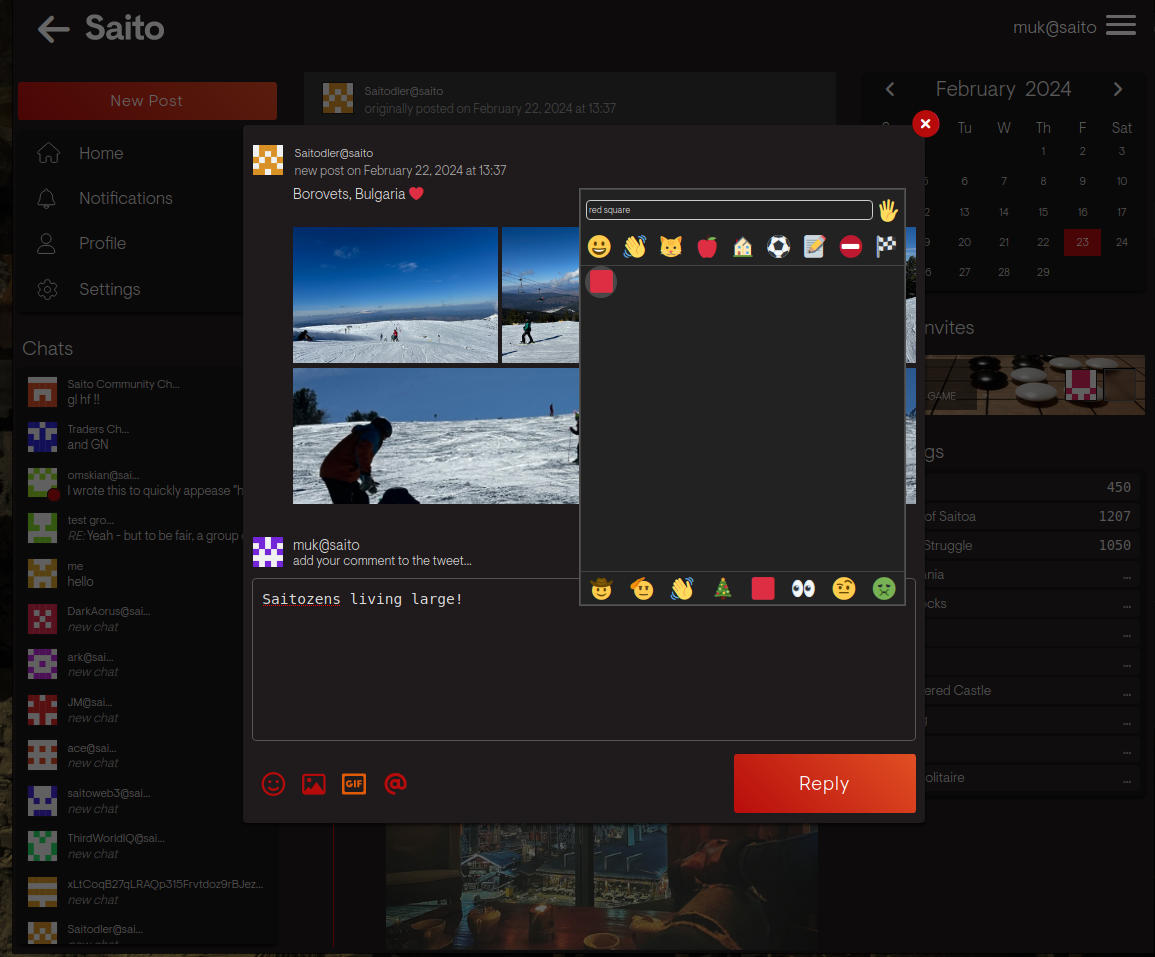 Screenshot of Red Square app: typing a reply with an emote to an image gallery post. Notification and home menus, chats, game invites, leaderboards, calender and more can be seen in the background.