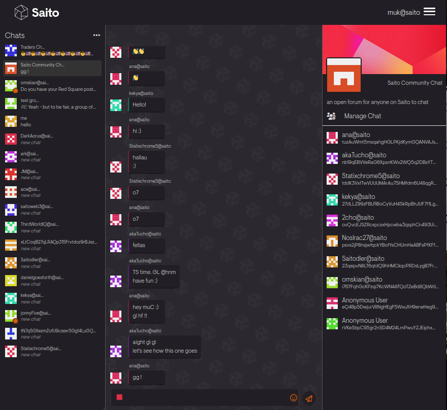 Screenshot of Saito Chat window. Several chat previews are shown on the left, an active 'Saito Community Chat' is displayed in the middle, and online members of said chat are displayed on the right.