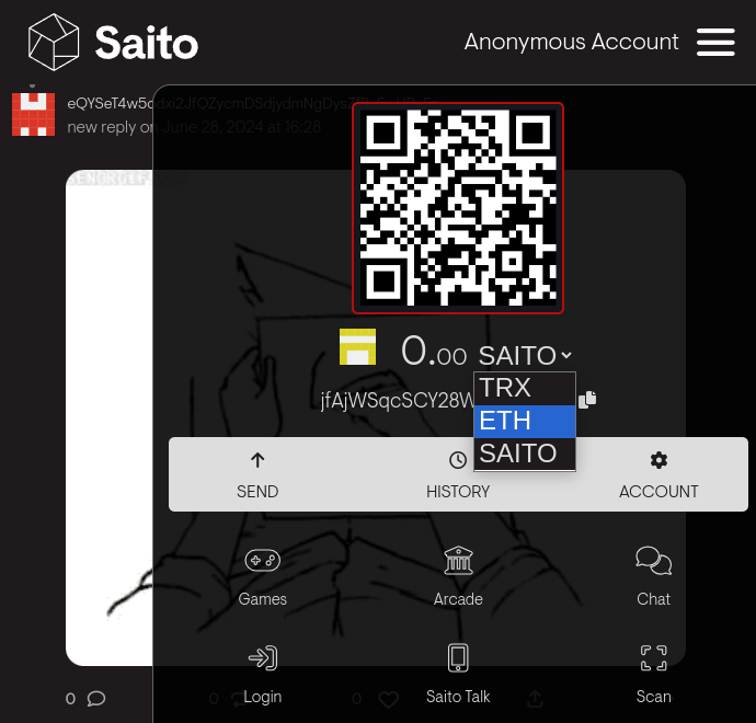 dropdown menu in Saito wallet reveals more cryptocurrencies.